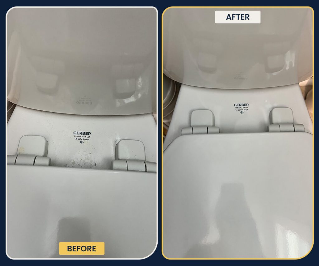 Sanitized porcelain toilet hinge and seat restoration by Penguin Clean Co, eliminating hidden grime for a flawless, germ-free bathroom finish.