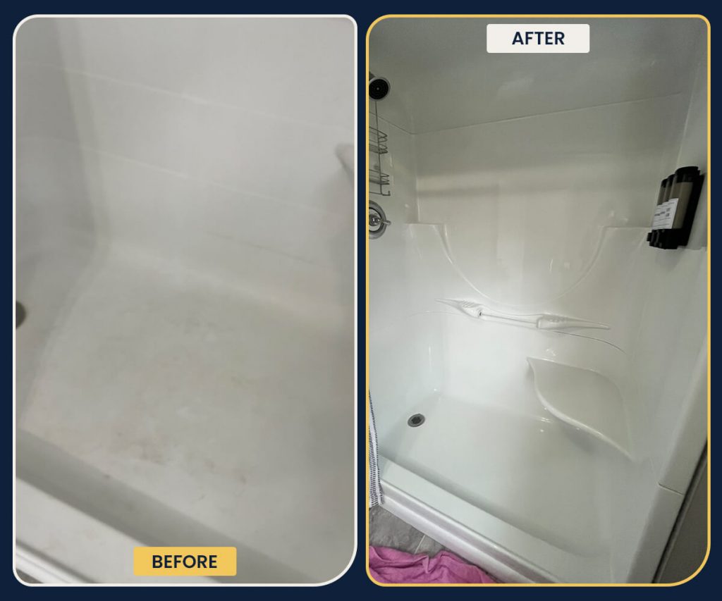 Hygienic walk-in shower restoration featuring grime removal and sanitized white surfaces by Penguin Clean Co.