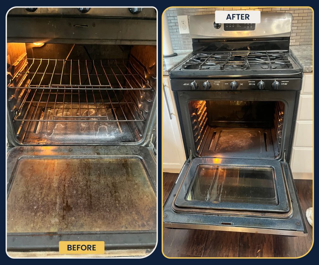 Thorough oven degreasing and glass door restoration by Penguin Clean Co, revealing a grime-free interior and polished metal racks.