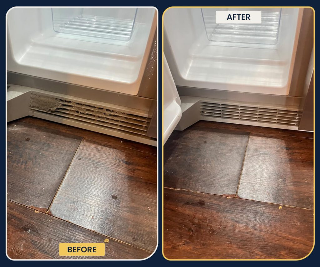 Deep refrigerator vent vacuuming and dusting to remove stubborn lint buildup from kitchen appliances by Penguin Clean Co.