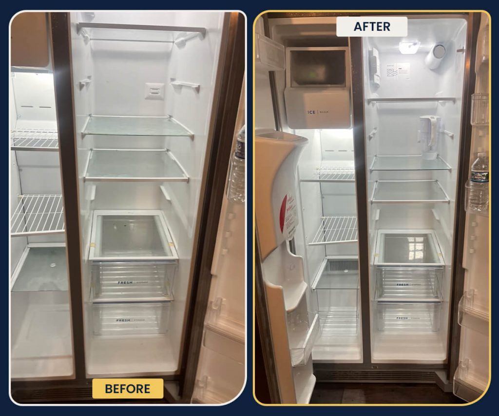 Sparkling refrigerator interior detailing featuring organized shelves and hygienic surfaces restored by Penguin Clean Co.