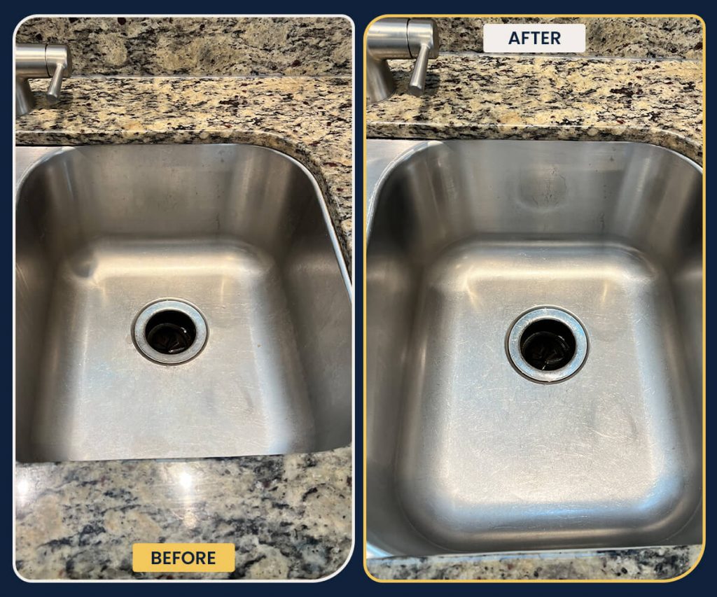 Shiny kitchen sink transformation featuring spot-free stainless steel and polished granite countertops achieved by Penguin Clean Co.