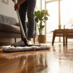 Homeowner mopping hardwood floors while considering how often should you schedule professional house cleaning