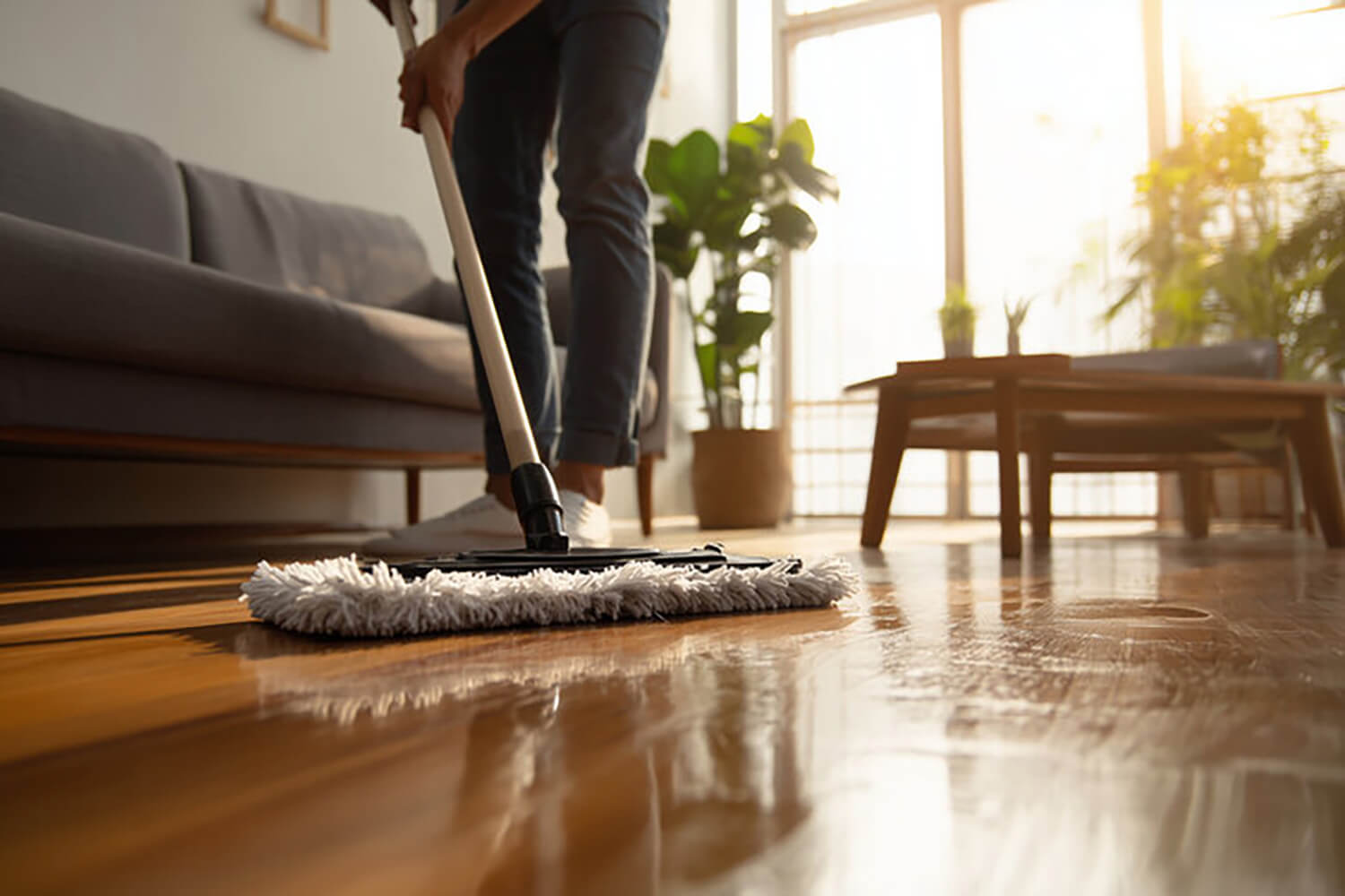 Homeowner mopping hardwood floors while considering how often should you schedule professional house cleaning