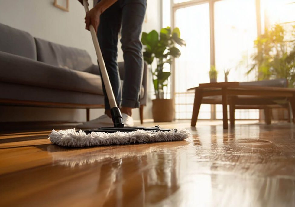 Homeowner mopping hardwood floors while considering how often should you schedule professional house cleaning